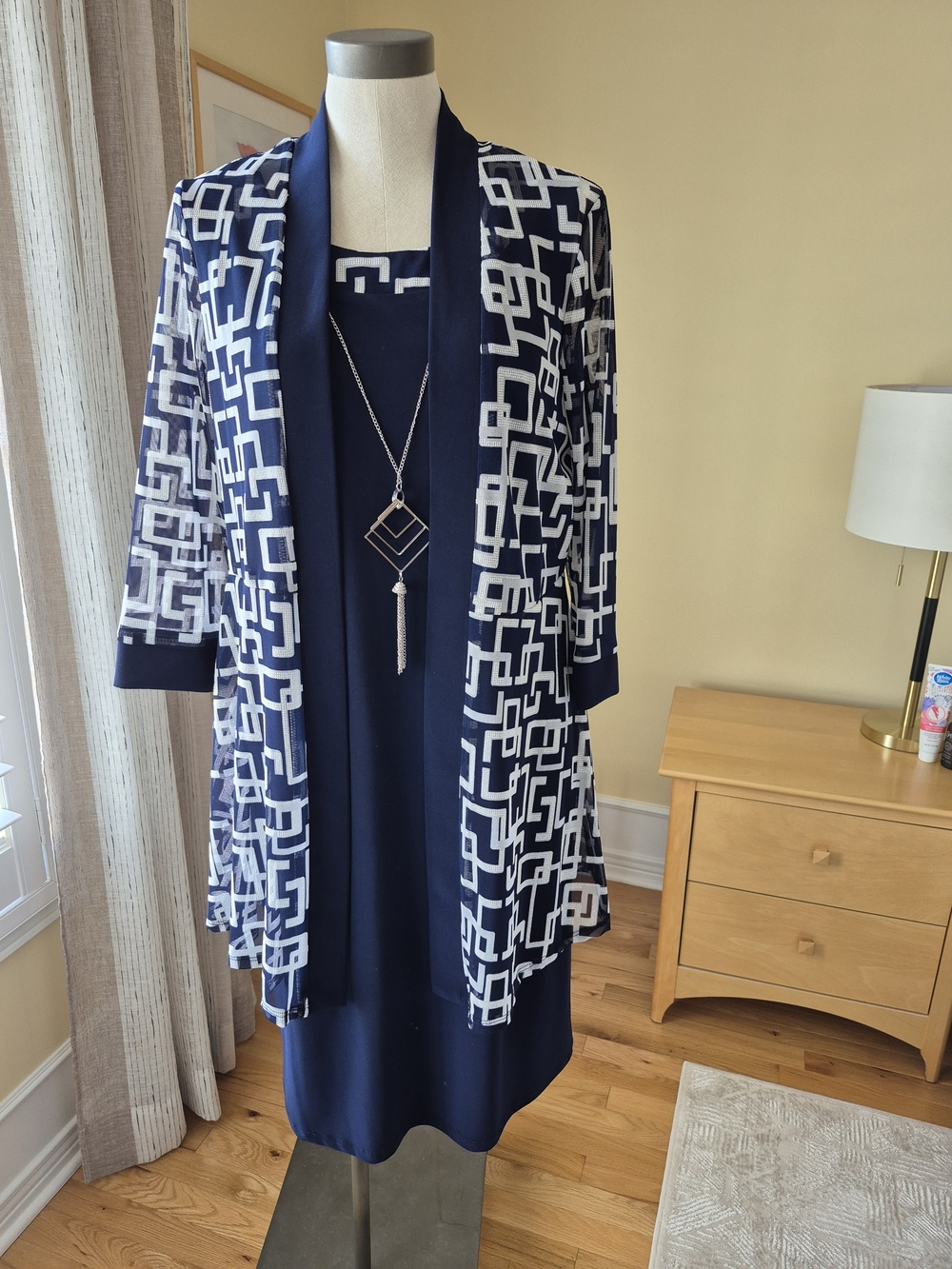 Navy & White Geo Print Women's Dress with Sheer Overlay